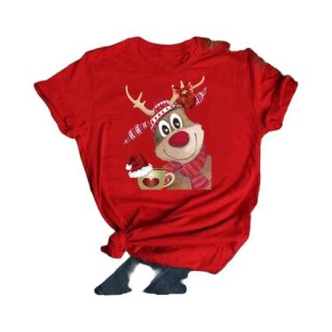 Imagem de Camiseta Feminina De Natal Com Estampa De Rena E Papai Noel, Gola O, E