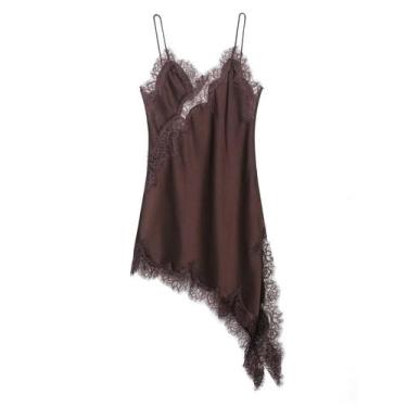 Imagem de Vestido Mini Assimétrico De Renda Com Decote Em V Para Mulheres, Sexy 