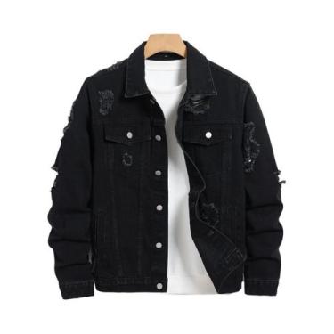 Imagem de Jaqueta Jeans Masculina Preta Com Rasgos, Corte Regular, Estilo Urbano