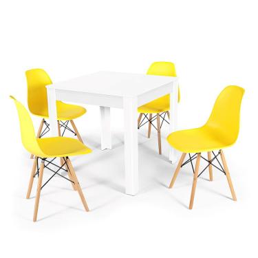 Imagem de Conjunto Mesa de Jantar Quadrada Sofia Branca 80x80cm com 4 Cadeiras Eames Eiffel - Amarelo