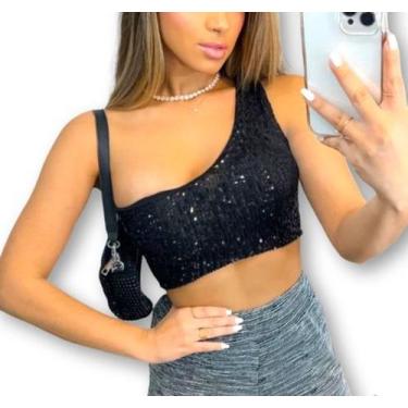 Imagem de Blusa Feminina Cropped Top Paetê Um Ombro Só Com Bojo Moda - Filó Moda
