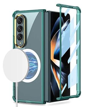 Imagem de Estojo magnético de carregamento sem fio para Samsung Z Fold 4 Case com vidro temperado transparente Capa rígida para Galaxy Z Fold 4, verde, para Samsung Z Fold 4