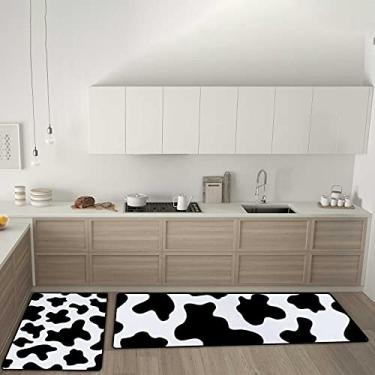 Imagem de Tapetes de cozinha, preto, branco, estampa de vaca, antiderrapante, conjunto de 2 tapetes, tapete confortável antifadiga, para sala de jantar, lavanderia, escritório