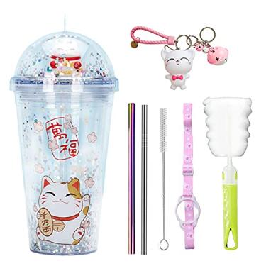 Imagem de seelucky Caneca de viagem de gato da sorte com canudo azul copo de bebida com alça copo de festa unicórnio roxo copo de gelo para piquenique festa aniversário (gato sortudo branco, 430 ml)