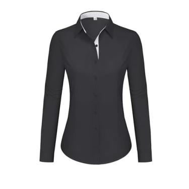 Imagem de siliteelon Camisas femininas com botões de algodão e manga comprida para mulheres, sem rugas, blusa de trabalho elástica, Preto, P