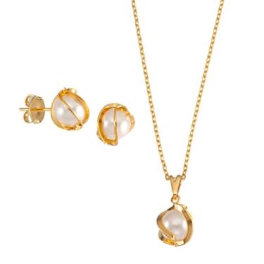 Imagem de Conjunto De Perola colar e brinco Banhado á ouro 18k e antialérgico