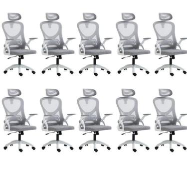 Imagem de Kit 10 Cadeiras para Escritório Presidente Office Columbus com Tela Mesh Branco/Cinza