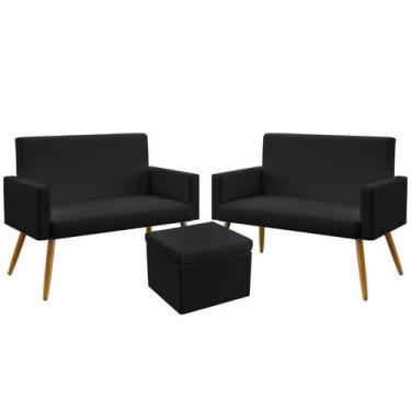 Imagem de 2 Poltronas Namoradeira Vega Sem Rodapé Com Puff Quasar Couro Preto Ar