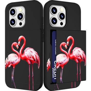 Imagem de IWONE Capa compatível com iPhone 15 Promax fofa com porta-cartões à prova de choque Slim Slot Phone 15 Pro Max capa carteira para mulheres/flamingos rosa casal amor coração animais
