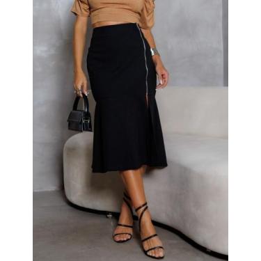 Imagem de Saia midi linho barra sereia detalhe fenda e zíper lateral - Lumia, Pr