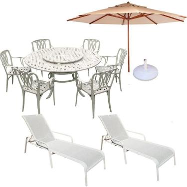 Imagem de Conjunto De Jardim Mesa Giratória 6 Cadeiras, Ombrelone E Espreguiçadeira Piscina Bege