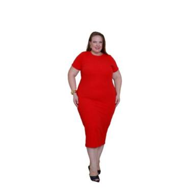 Imagem de Vestido Tubinho Midi Manga Curta Plus Size - Você Bella, Vermelho, g1