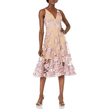 Imagem de Dress the Population Vestido feminino Audrey com alças finas midi evasê floral 3D, Lilás/Nude, P