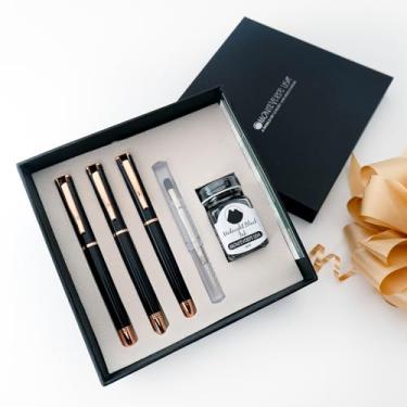 Imagem de Monteverde USA Impressa Conjunto de 3 + 2 peças (fonte, esferográfica) | Preto/ouro rosa | Ponta Omniflex | Caixa de presente grande de luxo com refil de tinta e gel grátis