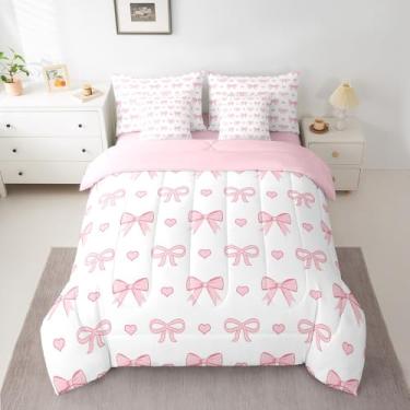 Imagem de Erosebridal Conjunto de cama casal com laço rosa, 7 peças, kawaii, amor, coração, princesa, sonhadora, laço, nó feminino, conjunto de edredom para quarto de crianças e mulheres