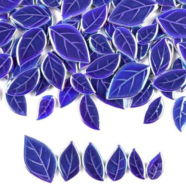 Imagem de ZWCT Azulejos de mosaico de cerâmica de folhas coloridas ilusão de 200 g, azulejos de mosaico de folhas criativas DIY, copo de vaso de prato feito à mão, suprimentos de artesanato em mosaico - azul
