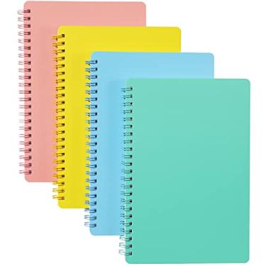 Imagem de Caderno espiral – Pacote com 4 cadernos forrados, 14 x 21 cm, 80 folhas/160 páginas por diário, diário espiral com encadernação de fio duplo, diários para mulheres, caderno pautado universitário com 4 cores, verde, azul, amarelo, rosa