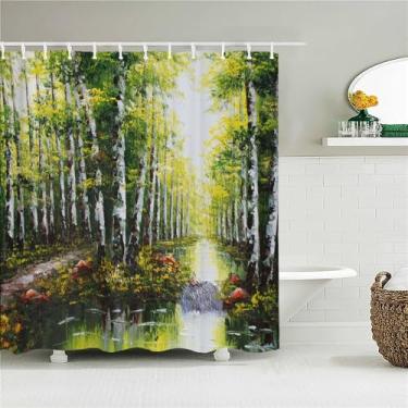 Imagem de Cortina de chuveiro de floresta decoração tecido cortinas de banheiro pintura a óleo paisagem tela de banho com 12 ganchos, JK3325, L90 x A180 cm