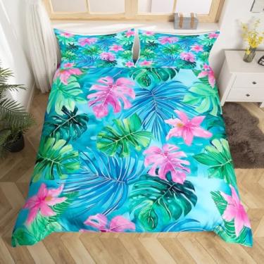 Imagem de Capa de edredom de verão tropical para crianças, adultos, tamanho king size para meninos e meninas, adolescentes, folhas de palmeira naturais, 3 peças, capa de edredom verde e rosa, com tema havaiano