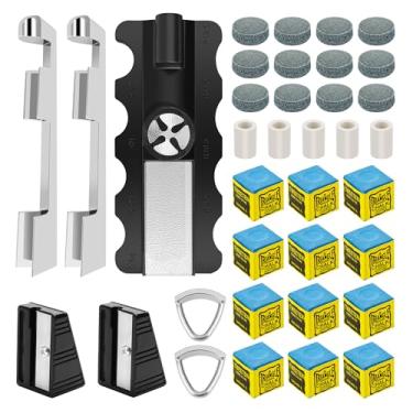 Imagem de Zhaoyao Modelador de ponta de taco de sinuca 11 em 1, 2 grampos de ponta para tacos de sinuca, 12 pontas de taco de bilhar, 1 Shaper, 12 cubos de giz, 5 reparadores de tacos de sinuca, 2 plainas para