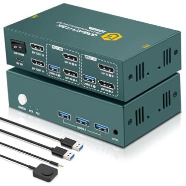 Imagem de Switch KVM 8K @ 60Hz Displayport 2 monitores, 2 computadores USB 3.0, 4K @ 240Hz KVM Switch Displayport com 3 portas USB 3.0 compartilhando teclado e mouse, impressora/scanner, controle de mesa