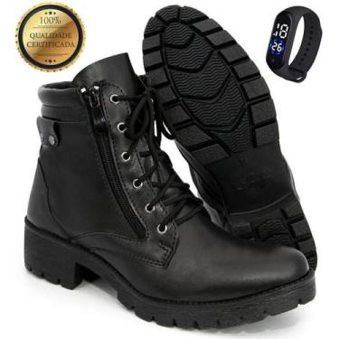Imagem de Bota Coturno Feminina Preto Elegante Zíper Lateral Cadarço + Relógio D