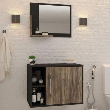 Imagem de Armário de Banheiro 1 Porta 2 Prateleiras com Espelho Preto ônix/Carva