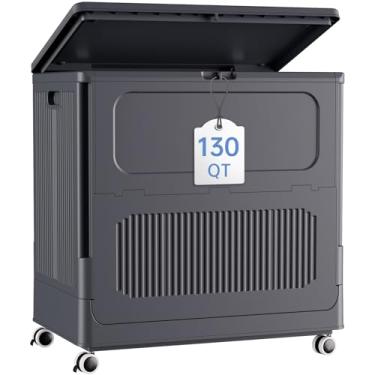 Imagem de HAIXIN Caixa de armazenamento grande com tampa – Caixa de armazenamento de plástico de 130 litros com rodas, organizador de armário empilhável de 32,5 galões para lençóis, cobertor móvel para