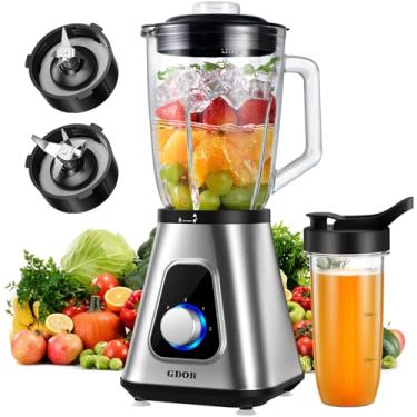 Imagem de GDOR Liquidificador de 1200 W para smoothies e batidos, liquidificador de bancada de 1,5 l e liquidificador pessoal de 623 g, lâmina de 6 folhas, 3 velocidades ajustáveis para sucos, bebidas de frutas