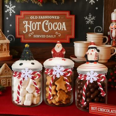 Imagem de Vesici 3 peças de pote de vidro de Natal, suprimentos para barra de chocolate quente, pequeno pote de Natal de vidro transparente de 270 ml com tampa de pinguim de árvore de Papai Noel, recipiente de
