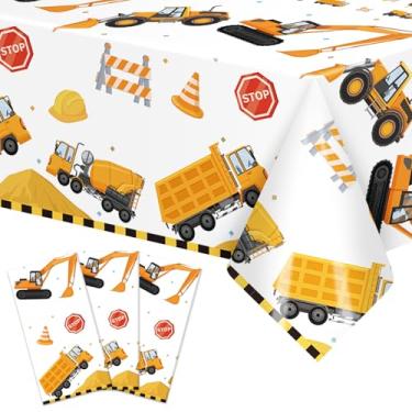 Imagem de Toalha de mesa de plástico de construção de 3 peças de 139 x 213 cm – design de caminhão basculante e sinal de trânsito, capa de mesa retangular descartável para aniversários, festas de caminhão ou