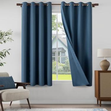 Imagem de Cortinas texturizadas de linho 100% blecaute azul escuro para sala de estar, quarto, cortinas leves com ilhós, proteção total de privacidade, azul escuro, 132 cm L x 182 cm C, 2 painéis