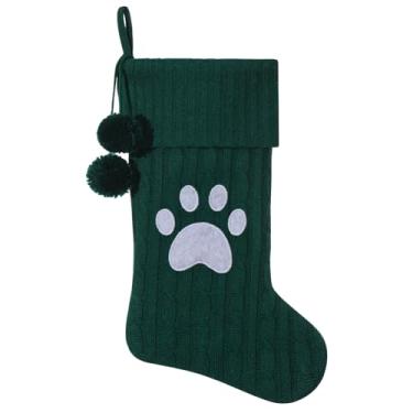 Imagem de Pxniy Meia de Natal personalizada de 48 cm - malha verde com monograma bordado e pompons, cabide de lareira familiar para decoração de férias, letra verde pata