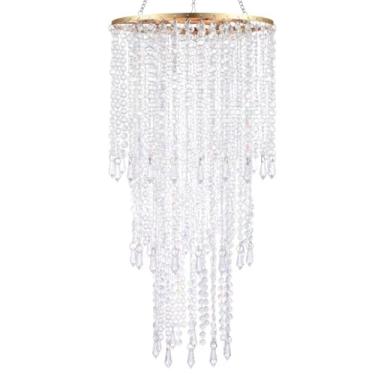 Imagem de FlavorThings Lustre suspenso cromado moderno (L20,25 x A 20"), 3 camadas contas pingente sombra moldura dourada, lustre de teto abajur com contas com gotas de joia acrílica (H20Ouro)