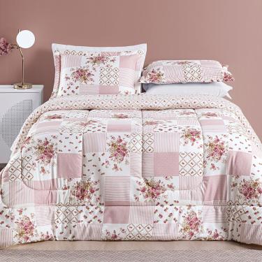 Imagem de Kit Edredom Dallas King Dupla Face Microfibra 3 Peças - Rosa Matura Patchwork
