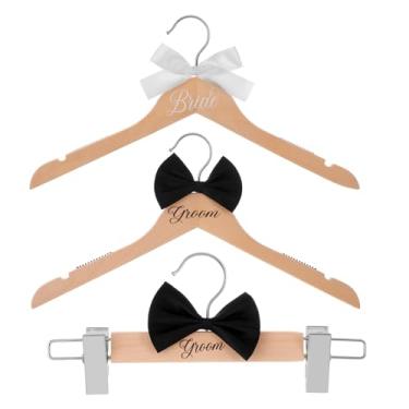Imagem de Beeveer 3 cabides de noiva e noivo para vestido com clipes, cabide de madeira de casamento com gravata borboleta para camisa do Sr. e Sra. Terno de smoking, presente de casamento, dama de honra, chá