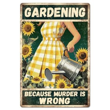 Imagem de GLOBLELAND Garden Lady Girassol Metal Tin Sign "GARDENING BECAUSE MURDER IS WRONG" Pintura Vintage Sinais de Estanho 30,5 x 20,32 cm Pôster de Arte de Parede Retrô para Escritório em Casa Bar Clube