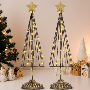 Imagem de Yuefunny Conjunto de 2 decoração de mesa de árvore de Natal iluminada com estrela dourada operada por bateria, mini árvore de Natal com enfeite de mesa iluminado por LED para casa (guarda-chuva