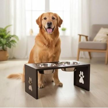 Imagem de Comedouro Elevado Duplo para Cães Grandes, Alumínio com Pintura Eletrostática, Tigelas Removíveis em Aço Inox, Pés Antiderrapantes (marrom)