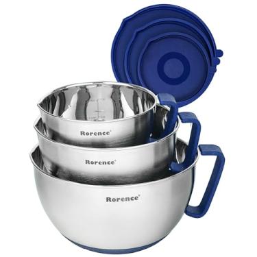 Imagem de Rorence Conjunto de tigelas de mistura: Tigelas antiderrapantes de aço inoxidável com bico de despejo, alça e tampa - conjunto de 3 - azul