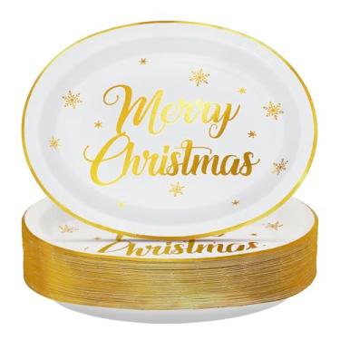 Imagem de 50 peças de pratos ovais de Feliz Natal 25,4 cm x 30,5 cm grandes descartáveis ​​folha dourada para festa de Natal pratos de sobremesa de Natal com floco de neve para decoração de inverno festivo