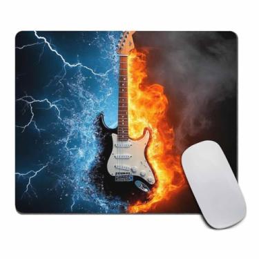 Imagem de Mouse pad para guitarra elétrica em fogo e água, ilustração da guitarra elétrica envolvida em elementos em fundo preto, desenhos de personalidade, mouse pad para jogos