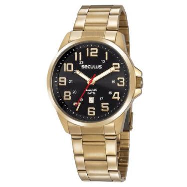 Imagem de Relogio Seculus Masculino Dourado Preto Long Life C/ Numeros