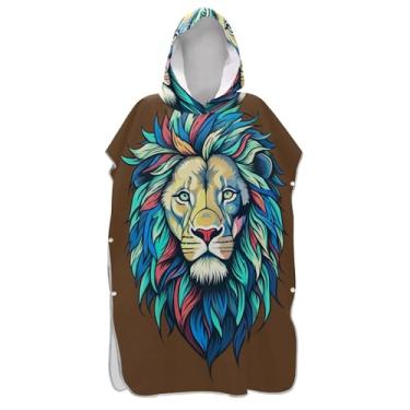 Imagem de Poncho de surfe para adultos trocador de roupas de banho de praia com capuz plus size colorido leão marrom arte ponchos adultos para mulheres