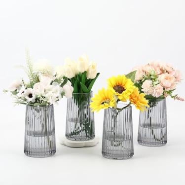 Imagem de MARTAGE Conjunto de 4 vasos de vidro preto, vasos pequenos para flores, vaso de flores para buquê, vaso de vidro moderno com nervuras para sala de estar, quarto, mesa de jantar, escritório, casamento