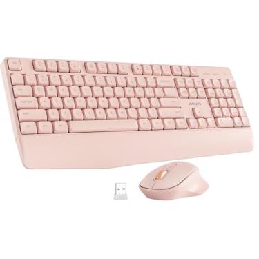 Imagem de PHILIPS Combo de teclado e mouse sem fio - combo ergonômico de teclado e mouse com design silencioso, Plug and Play, modo de suspensão e teclado de 2,4 GHz para Mac, Windows, Laptop, rosa