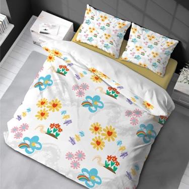 Imagem de Conjunto de capa de edredom com flores coloridas e arco-íris, tamanho solteiro, desenho animado, nuvens, crianças, meninos, meninas, tamanho casal 220 x 240 cm -50 x 75 cm * 2