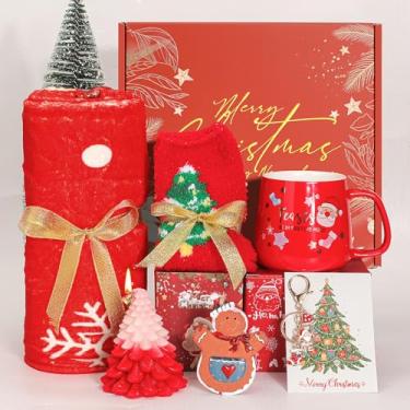 Imagem de Cesta de presentes de Natal para mulheres 2025 | Caixa de presente de Natal vermelha para amigos, familiares | Conjunto de presente de Natal com cobertor de Natal, caneca de Papai Noel, meias |