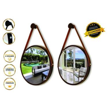 Imagem de Kit 2 Espelhos Redondo Decorativo Suspenso Alça 30cm + suporte Marrom 