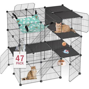 Imagem de Cercadinho Gato Interno Externo com Rede Gaiola Gato Caixa Metal Removível 3 Camadas DIY Catio Locais Exercício para 1-3 Gatinho